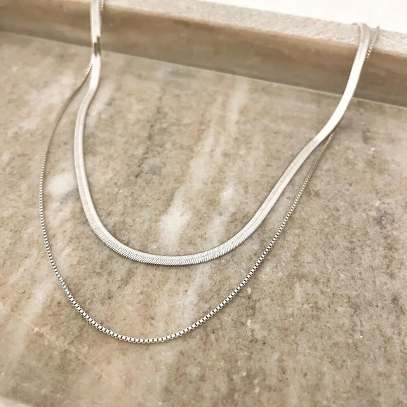 925 Sterling Silver Layer Snake Chain Necklace Minimalist Necklace - Picture 1 of 4